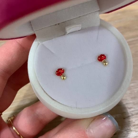 Dainty petite tiny red & gold mushroom earrings - Picture 2 of 5